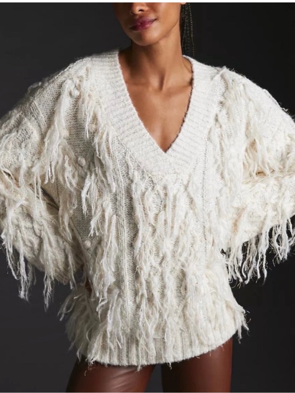 Anthropologie Chunky Fringe V-Neck Sweater - Cream